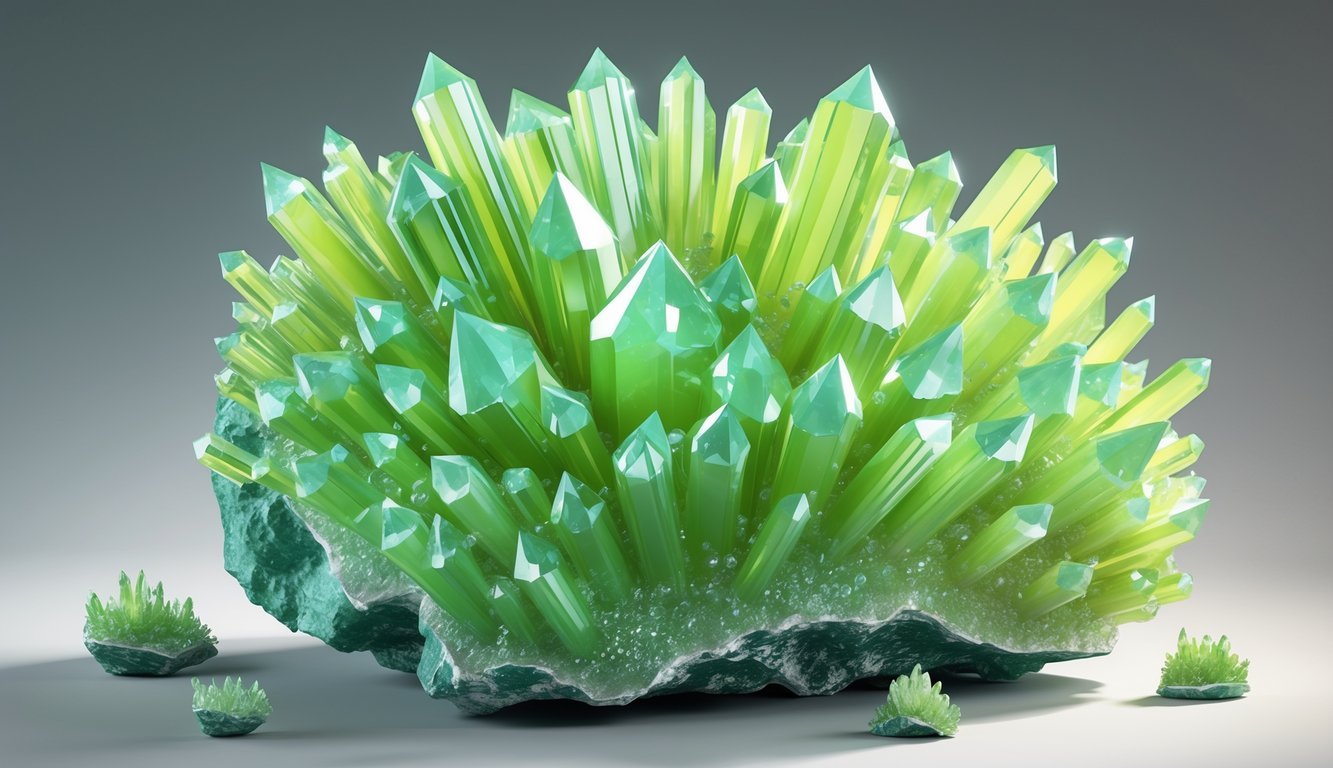 An illustration of green needle-like crystal clusters of wavellite mineral on a neutral background.