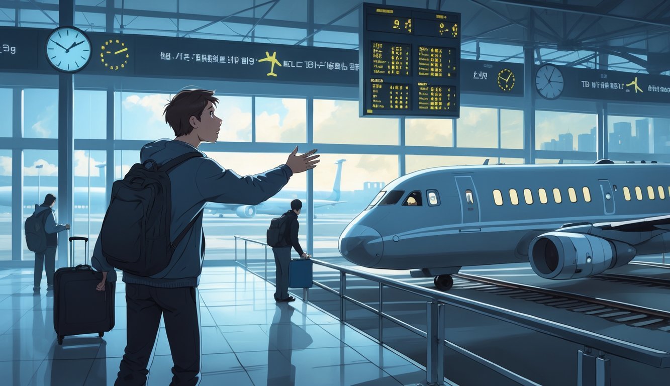 A person anxiously reaching toward a departing airplane or train at a busy terminal, with clocks and departure boards in the background.