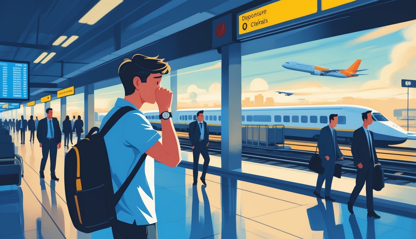 A person at an airport or train station looking worried as a plane or train departs in the background.