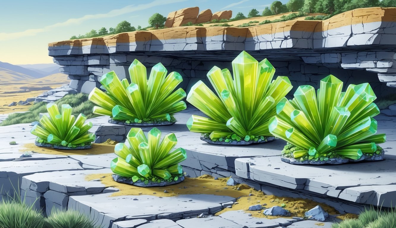 Illustration showing greenish wavellite mineral clusters growing in rocky layers with surrounding natural landscape elements representing different localities.