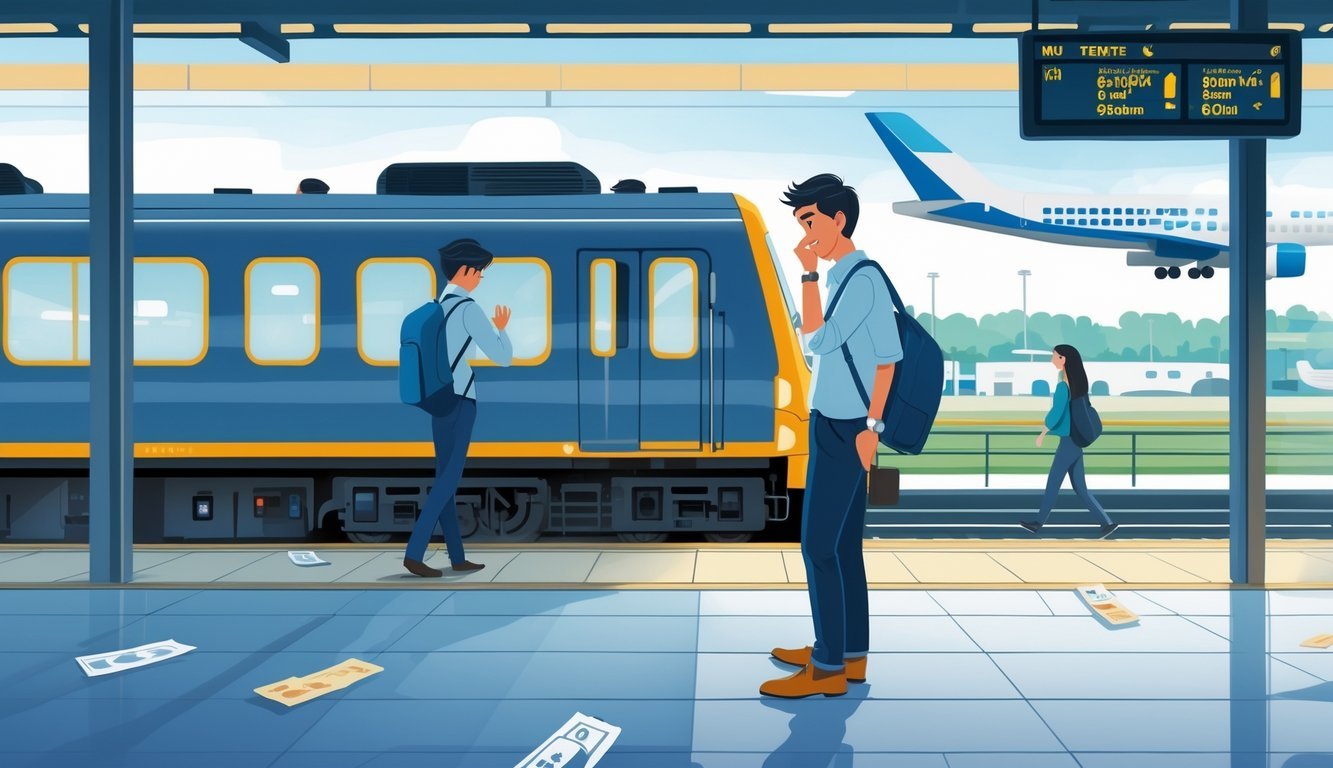 A person anxiously checking their watch at a busy train station and airport, with a train and airplane departing in the background.