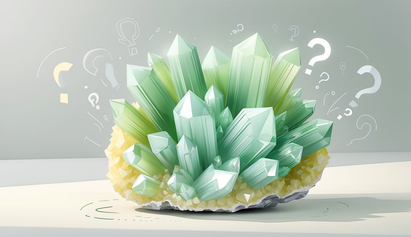 A detailed illustration of a green and yellow wavellite mineral cluster with needle-like crystals on a neutral background, accompanied by subtle abstract question mark shapes around it.