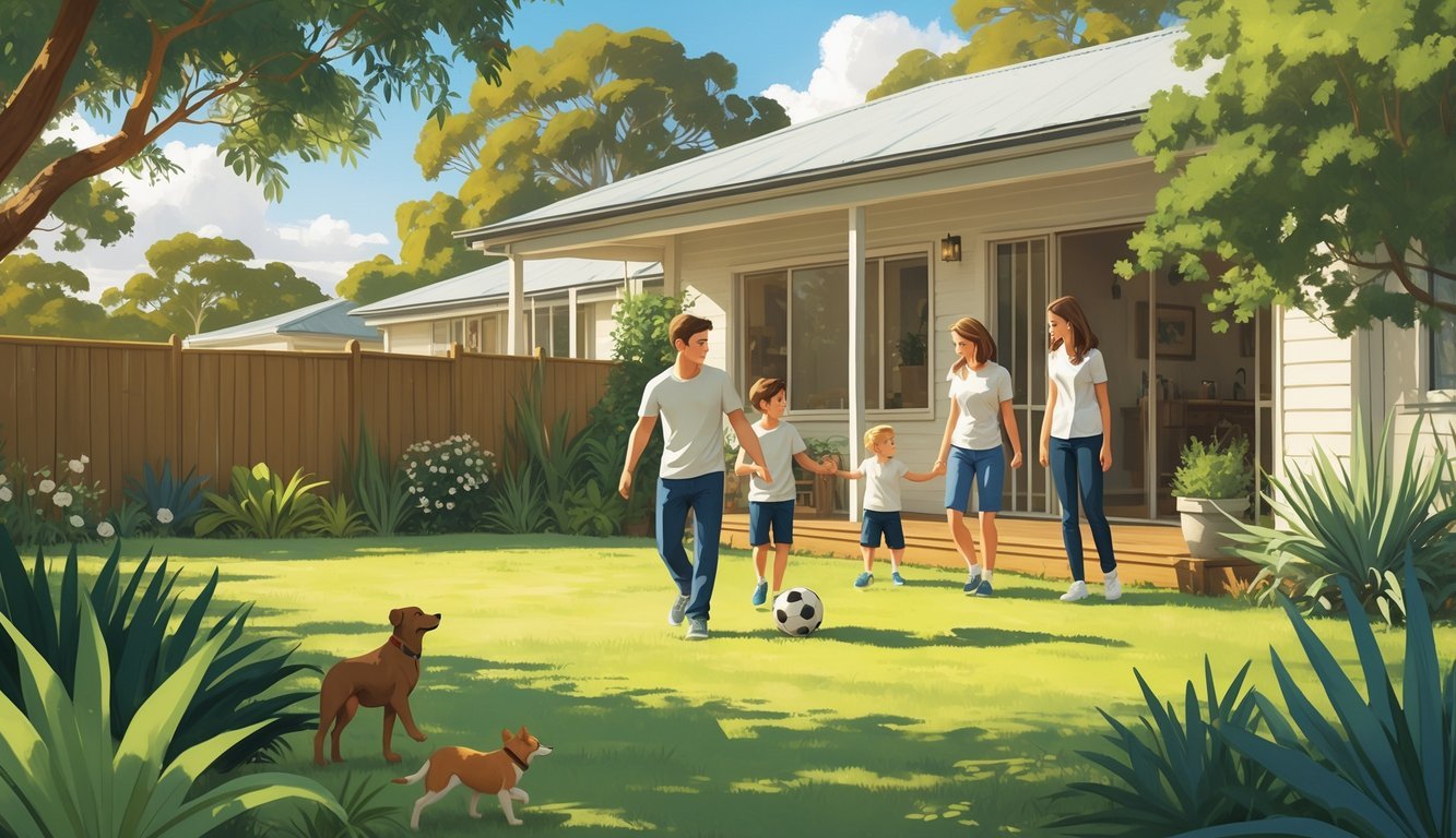 A young boy playing outside with his siblings in a sunny backyard while their parents watch nearby, showing a happy family moment.