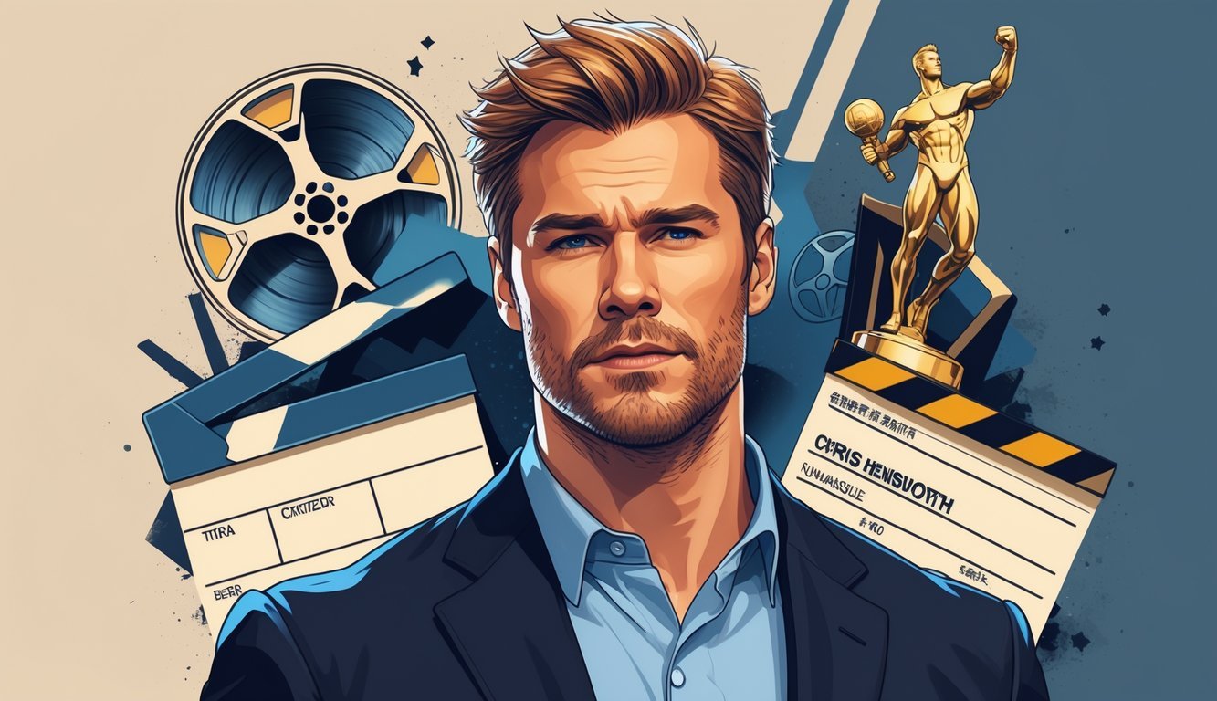 Illustration of Chris Hemsworth surrounded by symbols of his acting career and achievements.