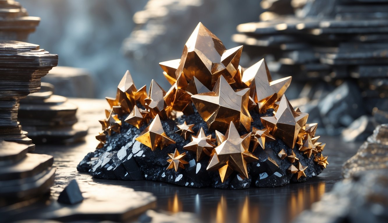 A cluster of golden star-shaped crystals of astrophyllite emerging from dark rocky formations.