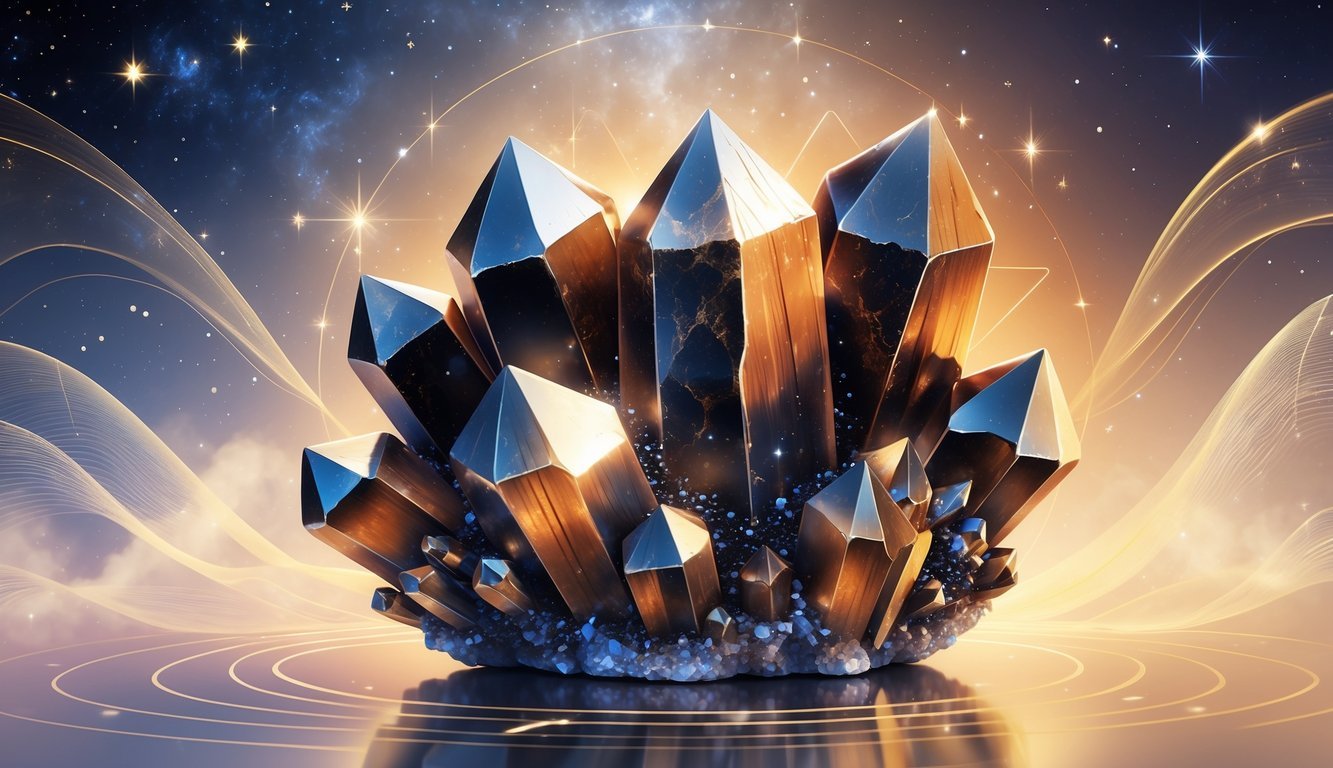 A large astrophyllite crystal cluster glowing with bronze and gold colors surrounded by soft cosmic light and energy waves.
