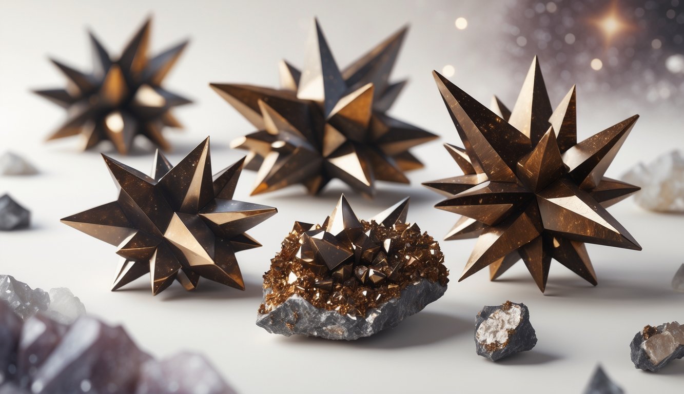 Close-up illustration of star-shaped metallic mineral crystals with bronze and gold colors on a soft background with faint stars.