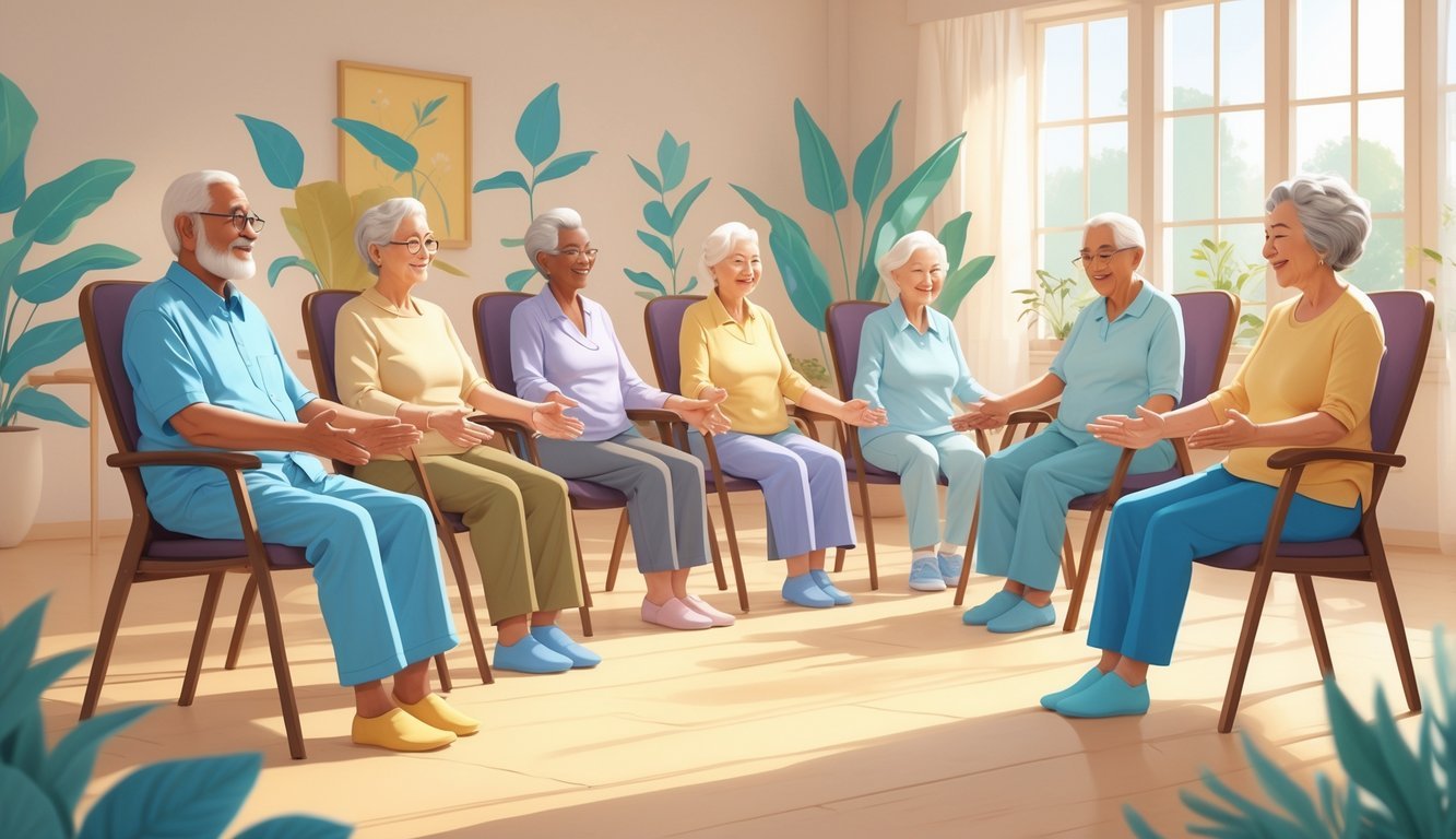 A group of elderly seniors practicing chair yoga together in a bright room, guided by an instructor.
