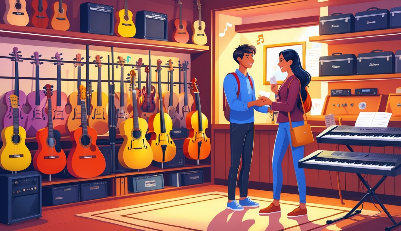 A music shop interior where a shop assistant helps a customer choose from various musical instruments like guitars, violins, and saxophones displayed on racks.
