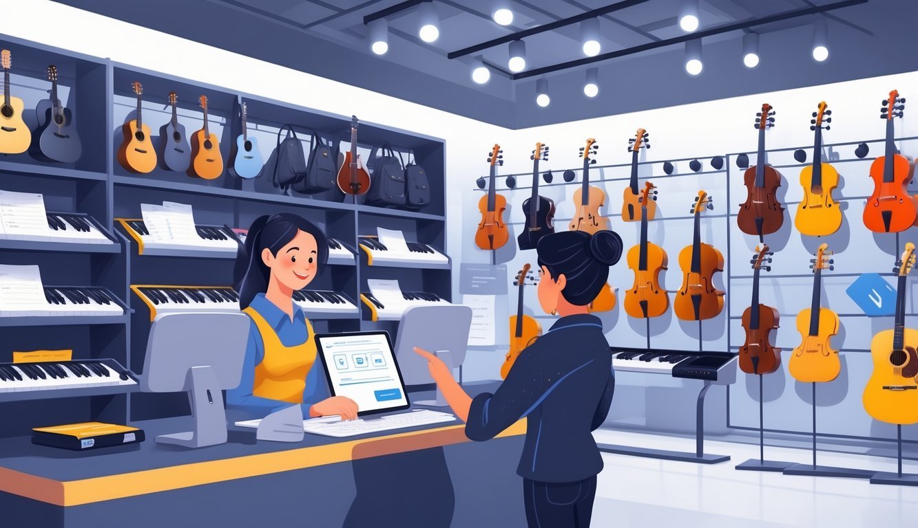 A customer and store employee in a music store discussing musical instrument rental, surrounded by guitars, violins, and other instruments.