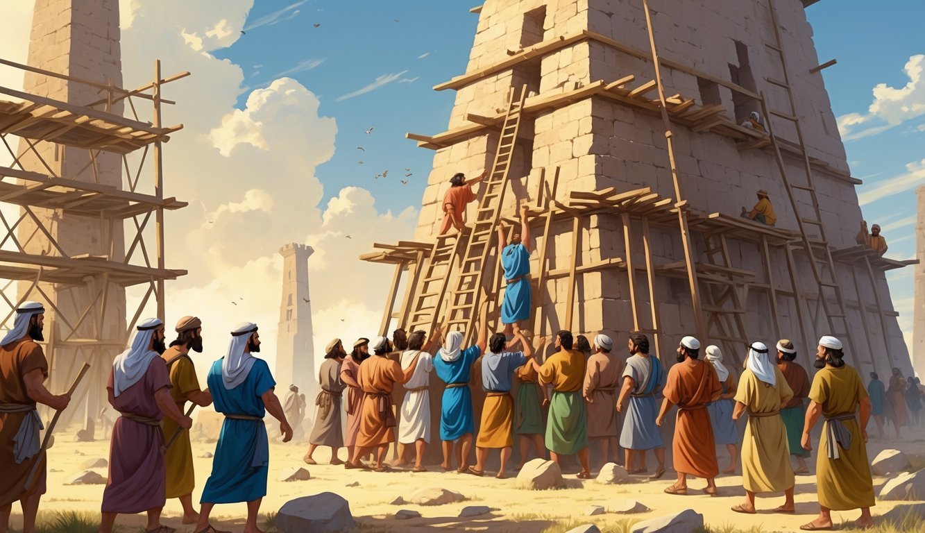 A group of ancient people working together to build a large tower on a plain under a clear sky.