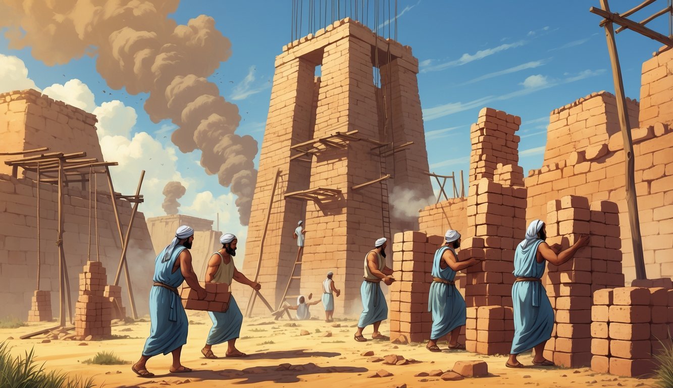 Ancient builders working together to construct a tall brick tower using early tools and wooden scaffolds in a dusty landscape.