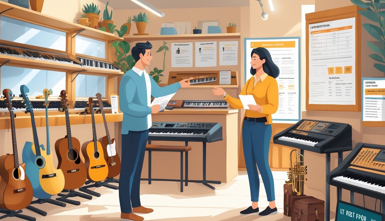A music store interior with various instruments on display and a staff member helping a customer choose an instrument.