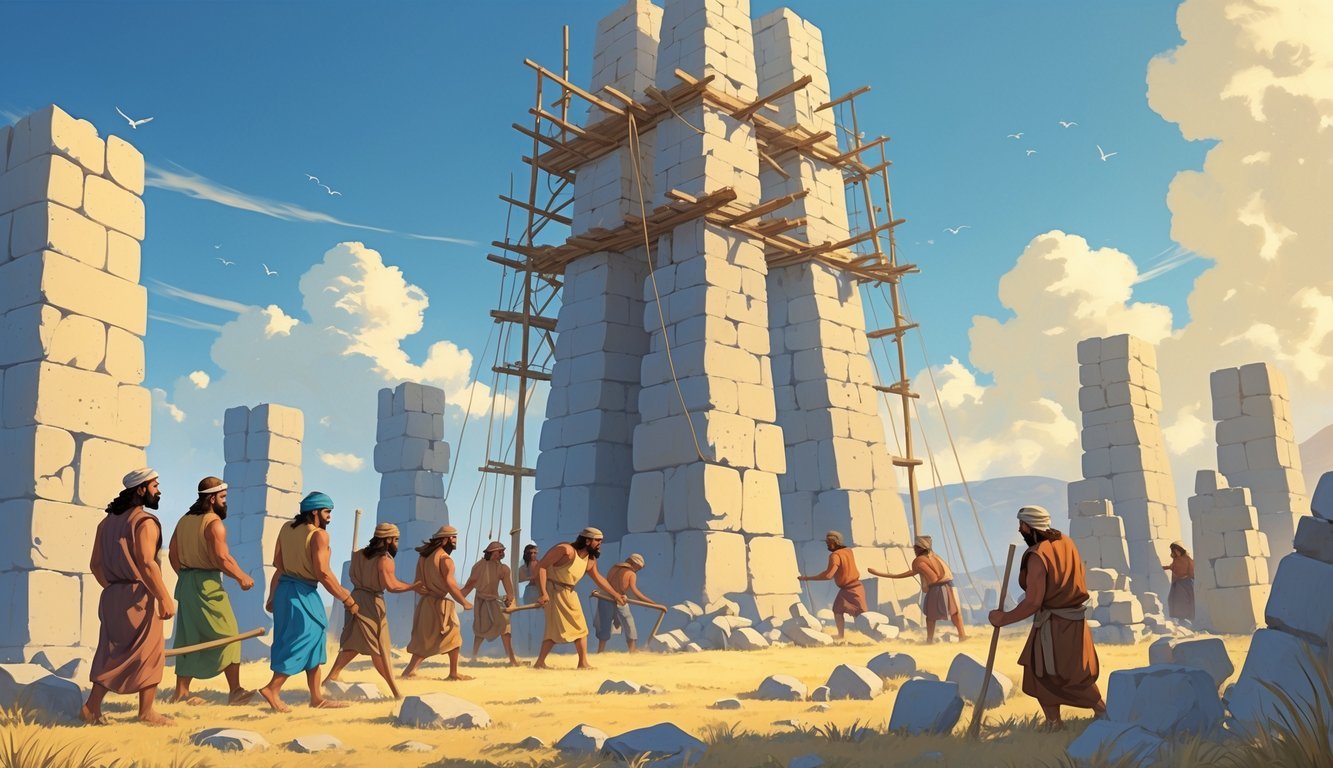 People working together to build a tall stone tower in an open landscape.