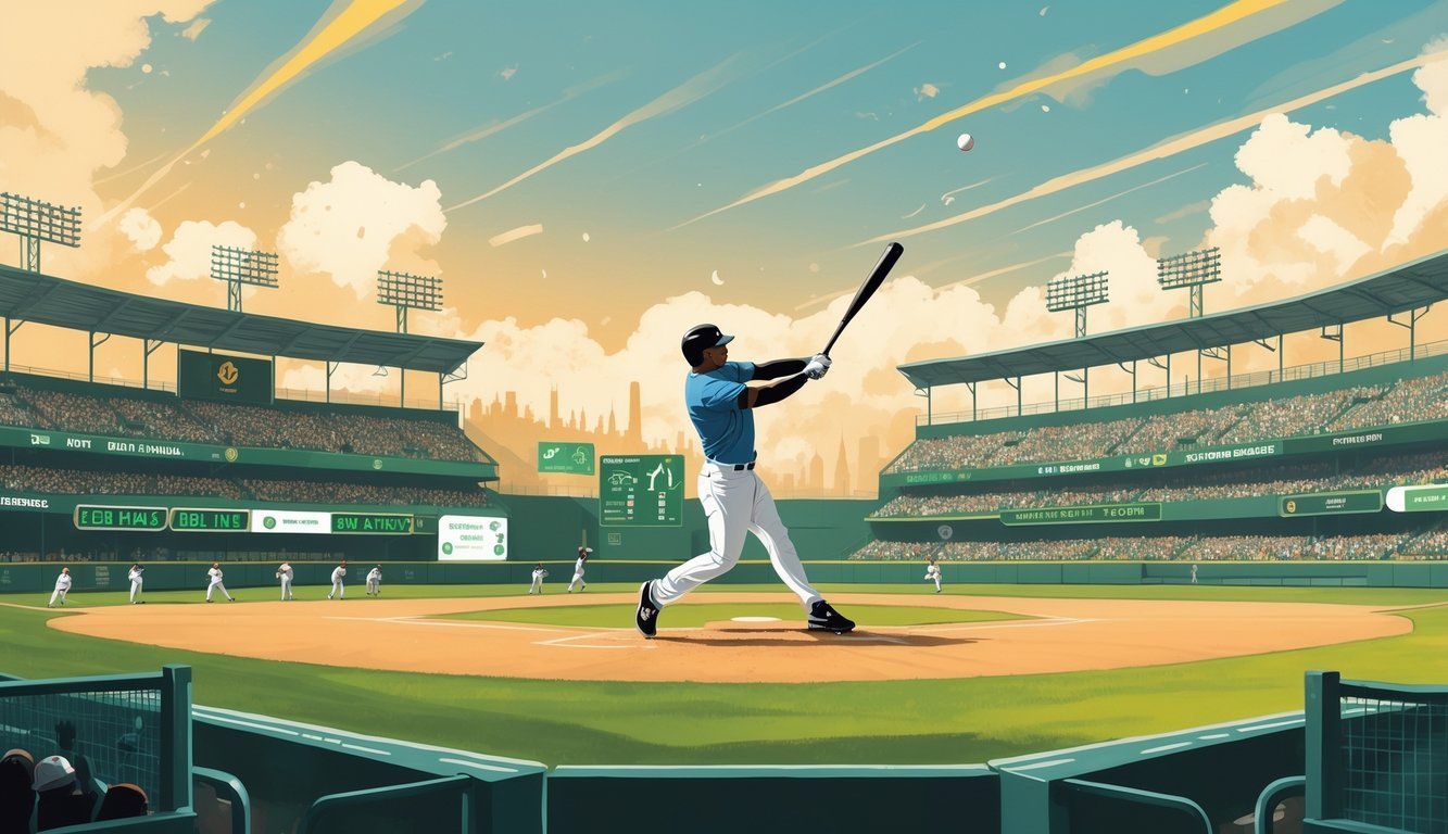 A baseball player hitting a home run in a stadium with a warm, hazy sky and climate change symbols like a globe and wind turbines in the background.