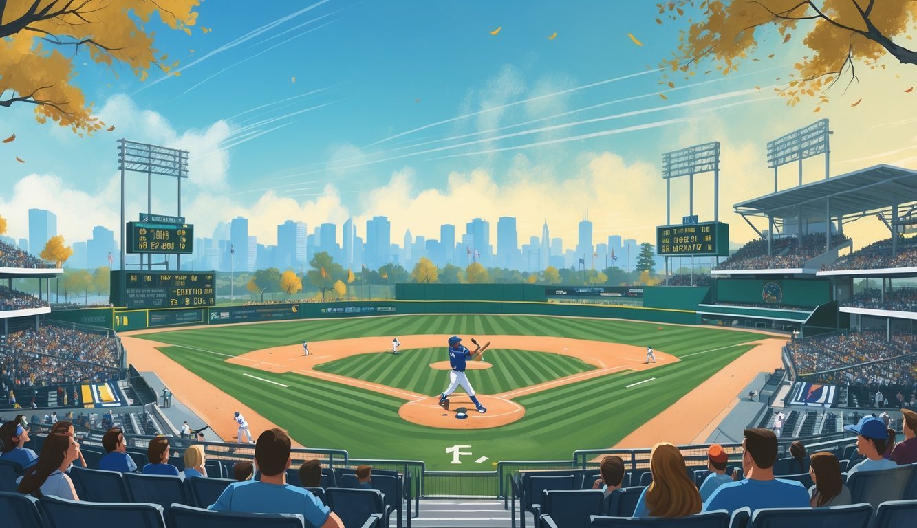 A baseball player hitting a home run in a sunny stadium with fans watching, surrounded by trees and a city skyline under a warm sky.