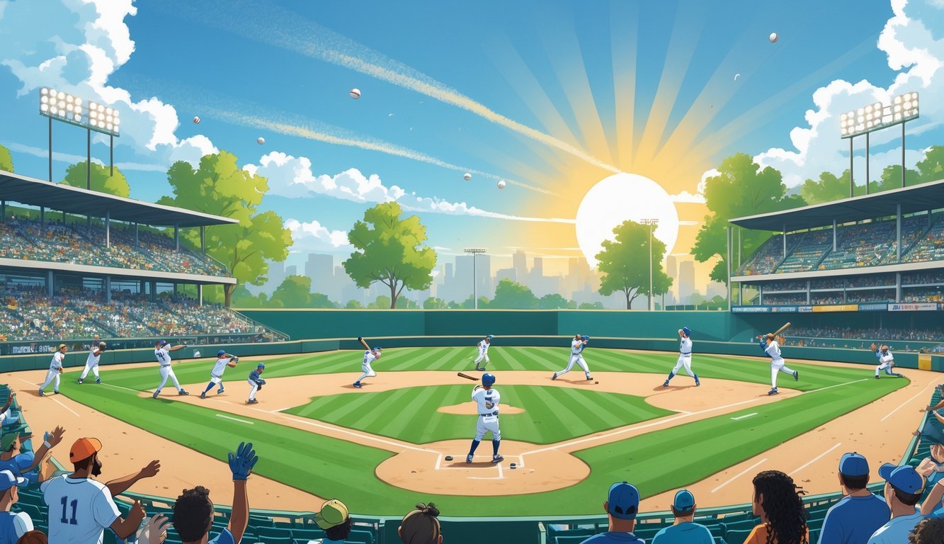 A baseball stadium with players hitting home runs under a warm, sunny sky, with subtle signs of warmer weather around the field and cheering fans in the stands.