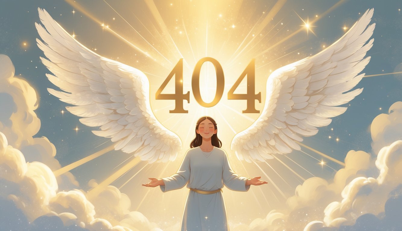 A peaceful figure with open hands stands beneath glowing angel wings and the number 404, surrounded by soft clouds and radiant light.