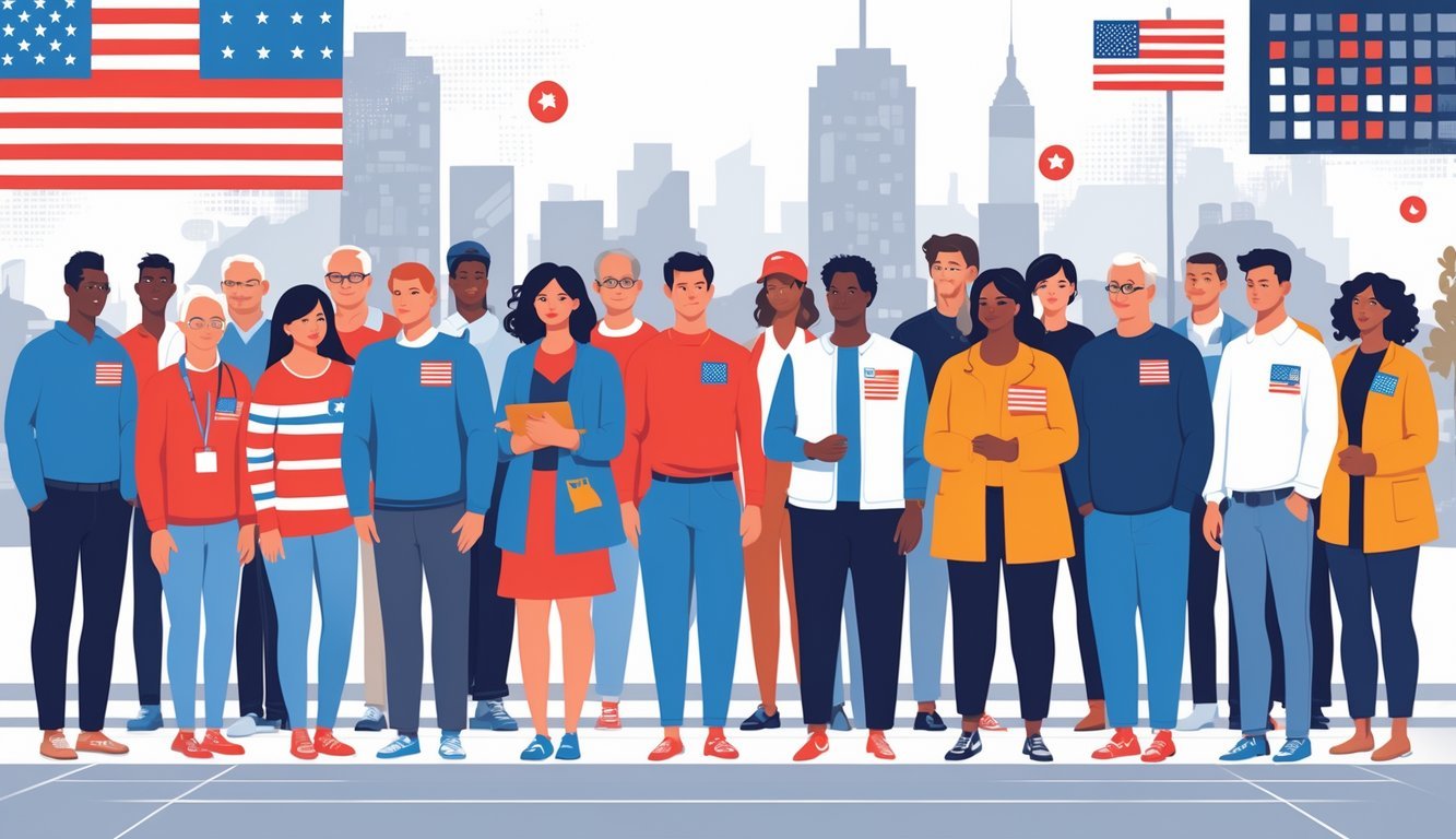 A diverse group of American people standing together in a city setting, each showing subtle signs of different political beliefs through their clothing and accessories.