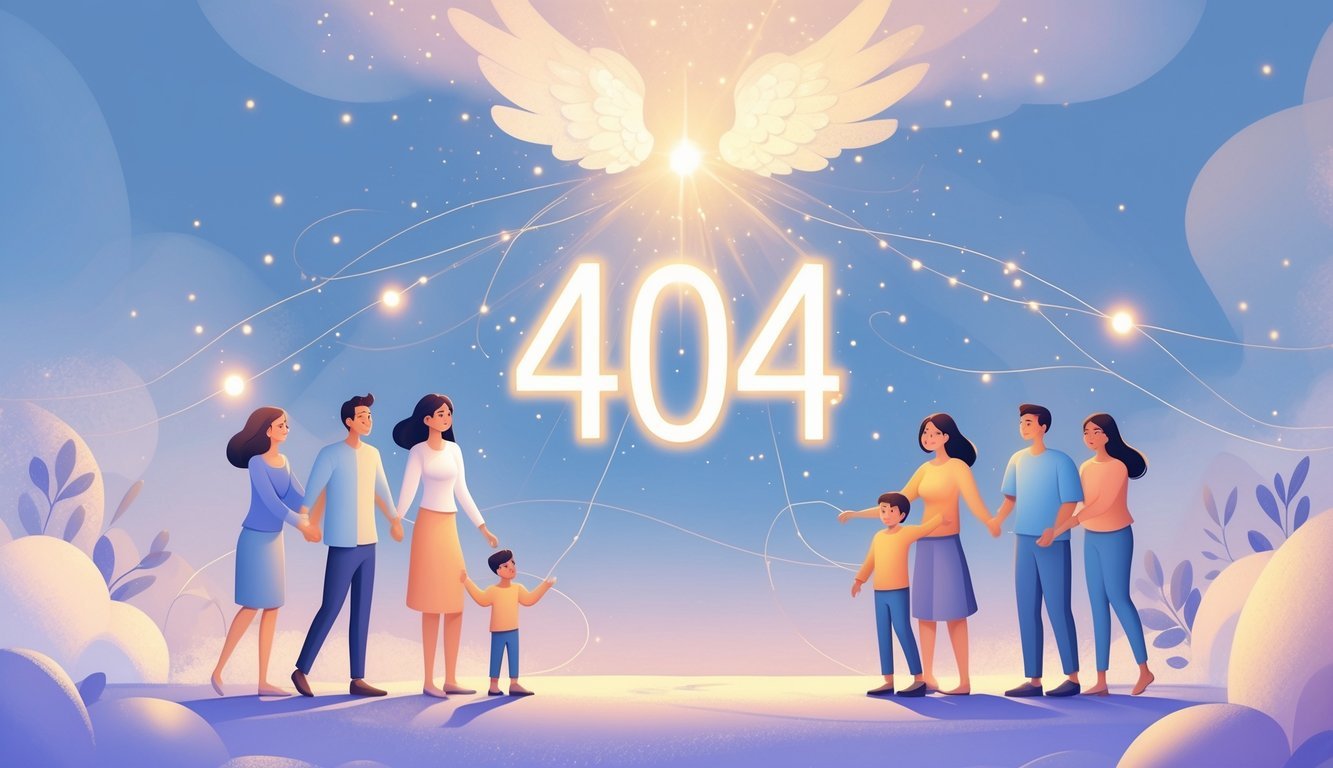 Glowing number 404 surrounded by people connecting warmly in a peaceful, glowing environment symbolizing harmony and support.