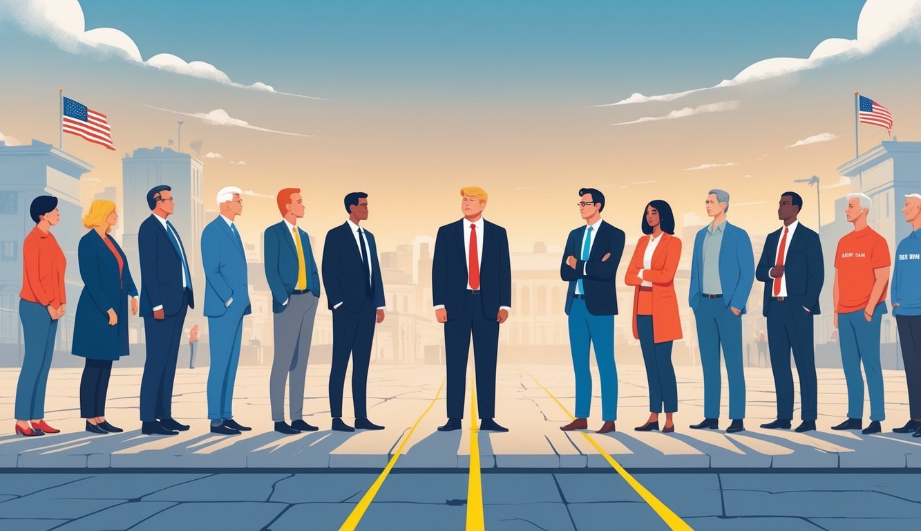 A group of diverse American adults standing on opposite sides of a symbolic divide in a city setting, illustrating political polarization and its effect on social identity.