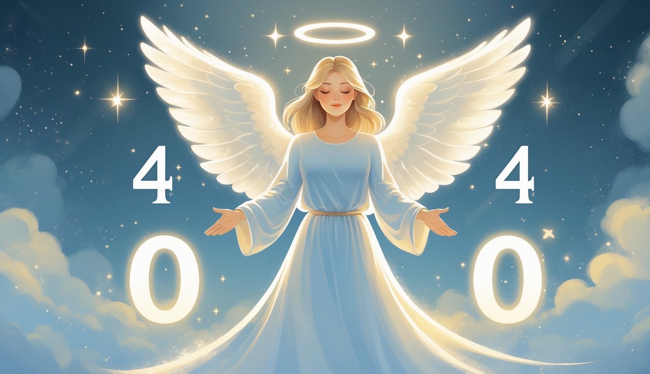 An ethereal angel with glowing wings hovers above a calm celestial background with soft stars and light rays, surrounded by glowing orbs representing the numbers 4, 0, and 4.
