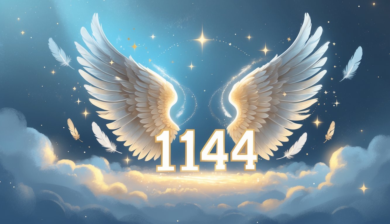A glowing pair of angel wings holding bright, ethereal numbers surrounded by stars and feathers against a soft, celestial background.