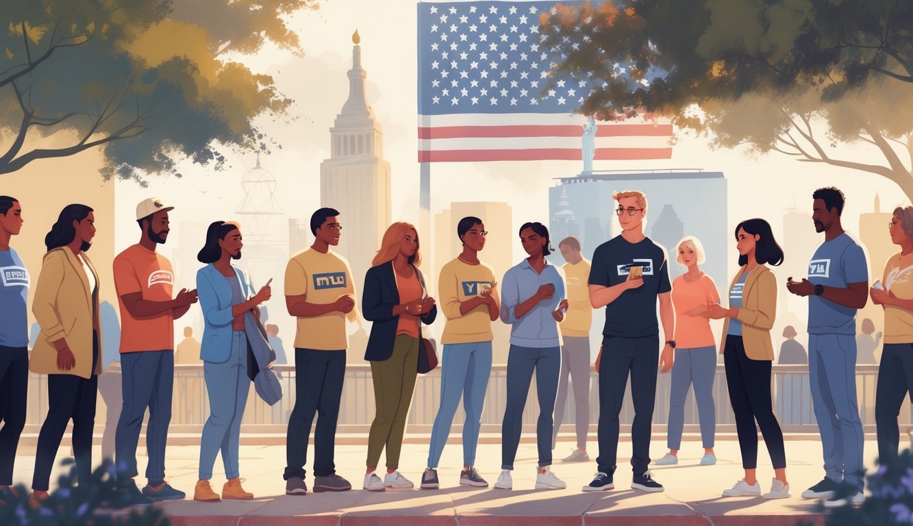 A diverse group of people in a community setting interacting with each other, with subtle hints of political identity influencing their social connections.