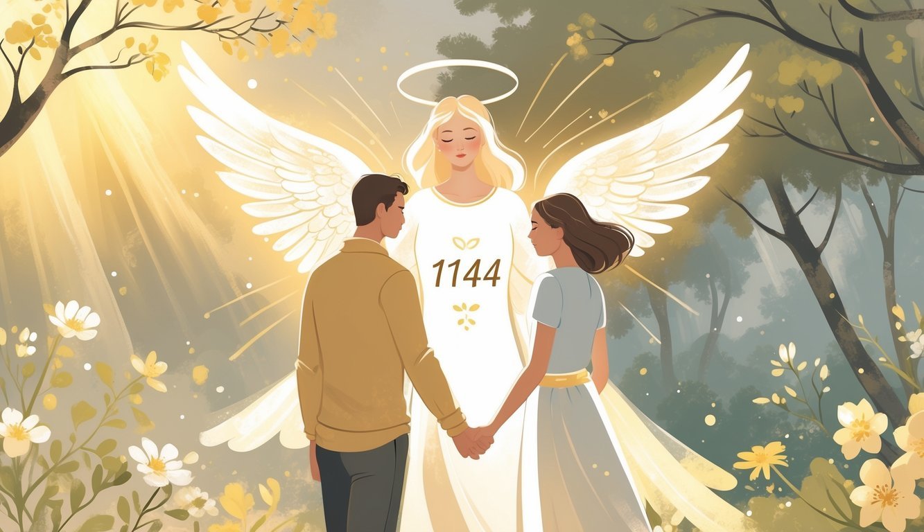 An angelic figure hovering above a couple holding hands in a peaceful natural setting with flowers and sunlight.