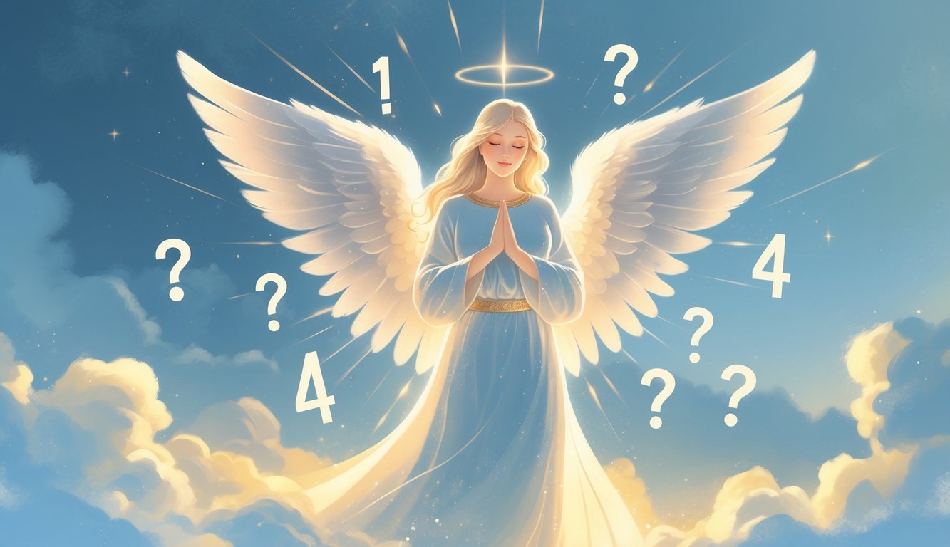 An angelic figure with glowing wings surrounded by the numbers 1144 and subtle question marks in a calm, celestial sky.