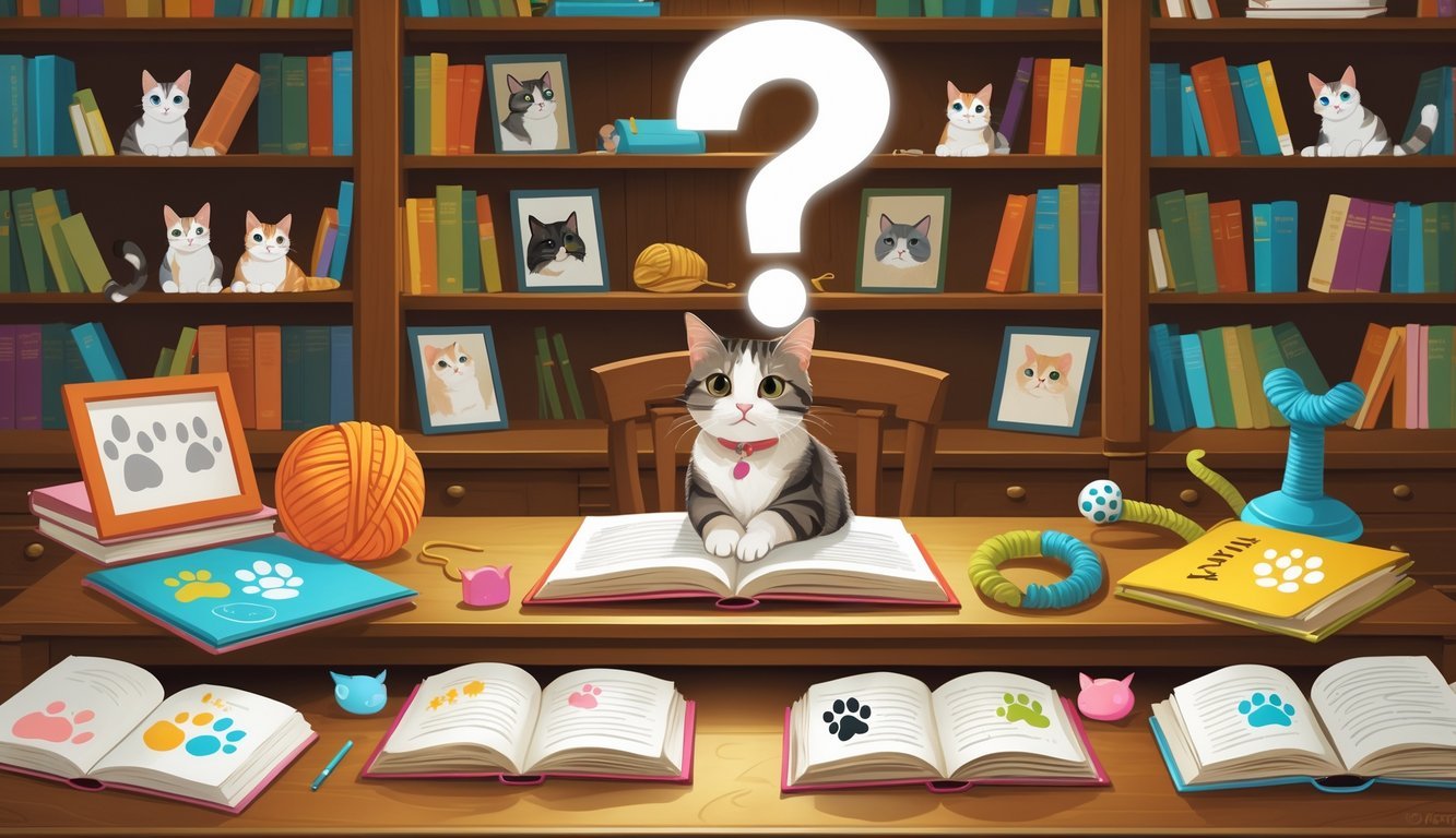 A cat sitting on a desk surrounded by books and cat-related objects with a question mark floating above its head in a cozy study room.