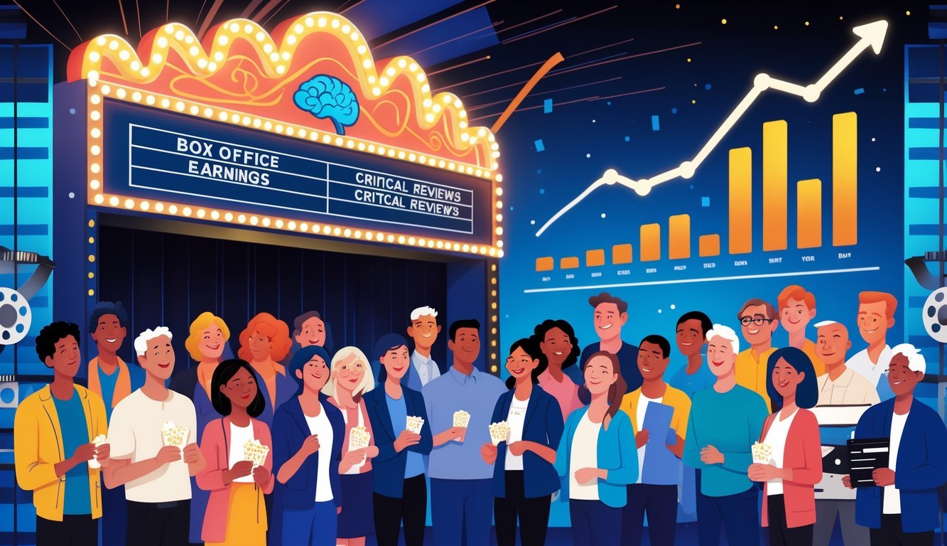 A movie theater with a brain-shaped marquee, happy diverse audience holding tickets, and an upward-trending bar graph in the background representing box office and reviews.