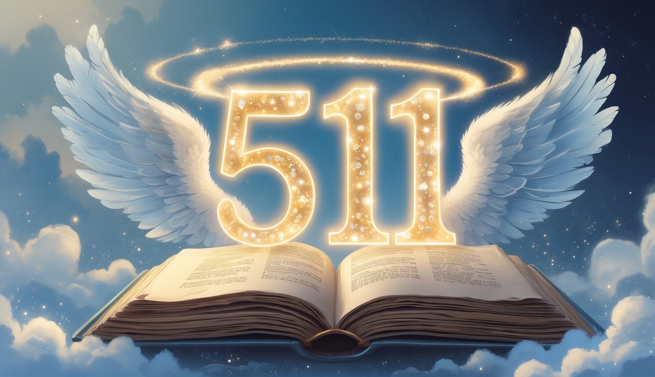 Glowing number 5511 floating above an open ancient book with angelic wings and soft light particles in a calm sky background.