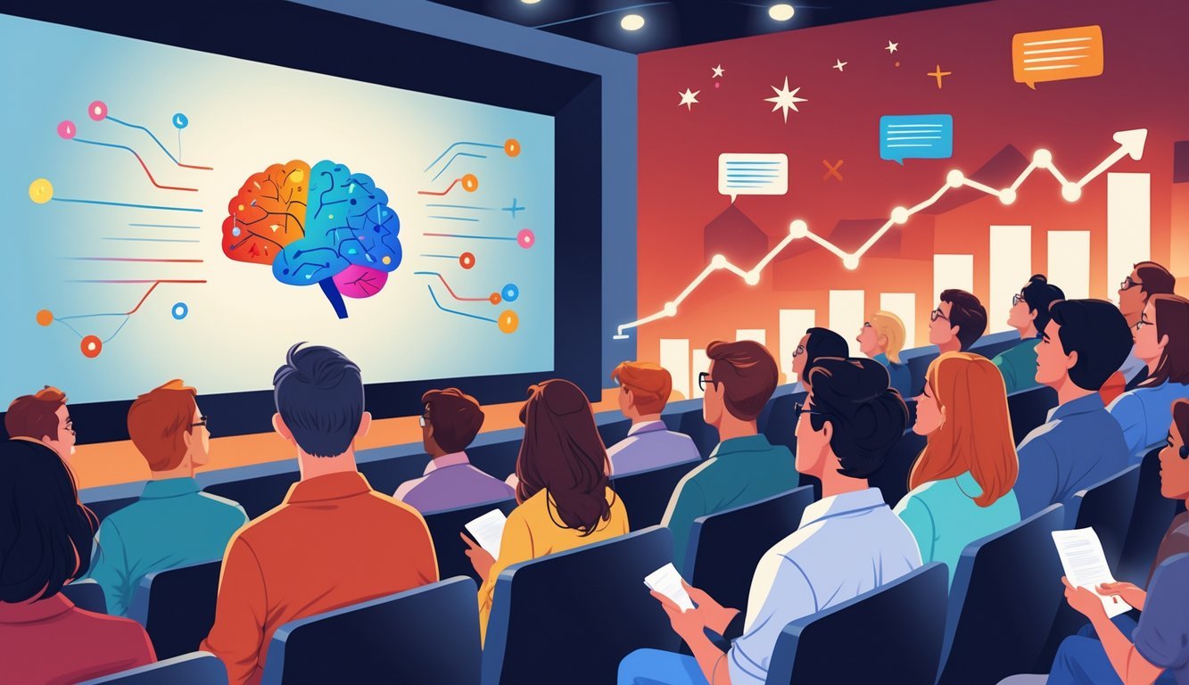 A diverse group of people watching a movie about mental health in a cinema, showing engaged and thoughtful expressions.