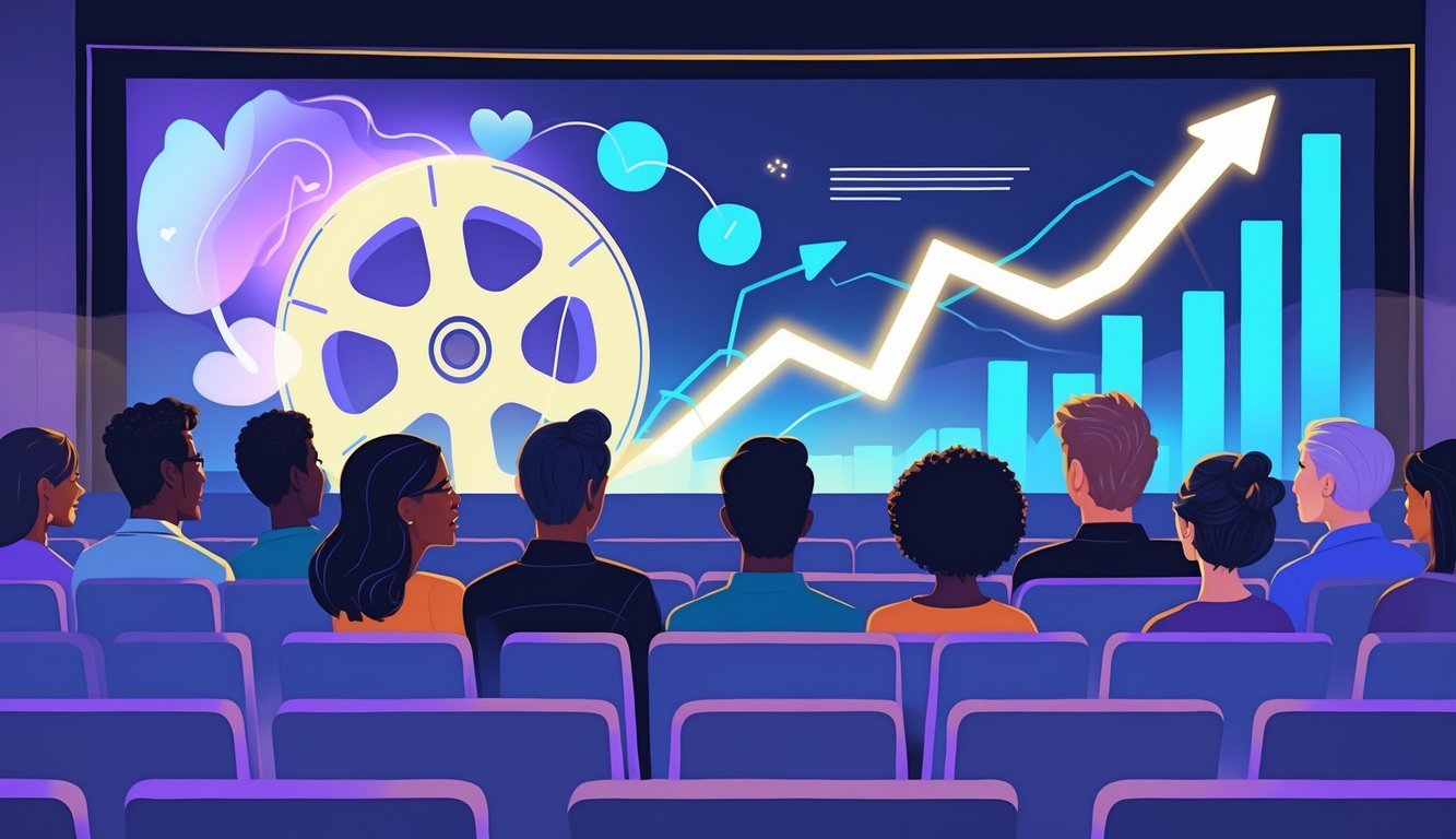 A group of people watching a movie in a theater with abstract shapes symbolizing mental health and a rising graph in the background.