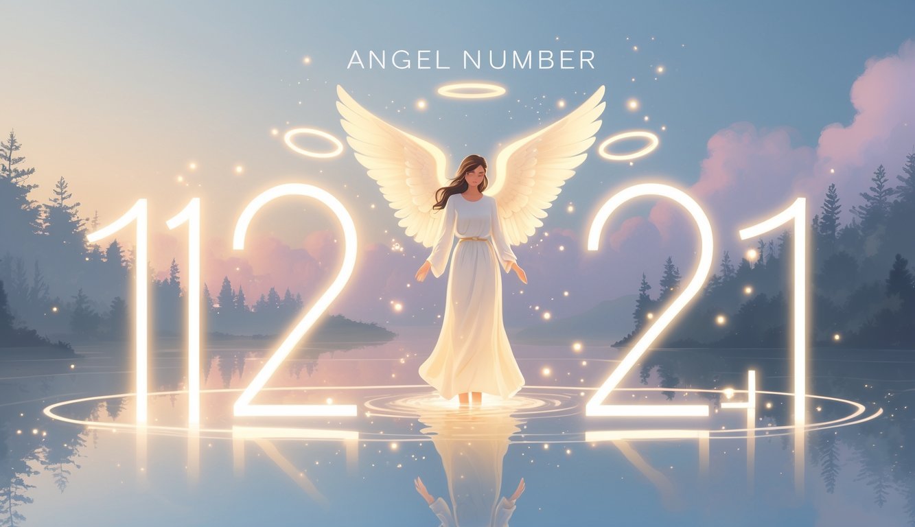 An angel with glowing wings hovering above calm water with soft light orbs around, set against a pastel sky with natural elements shaped like the numbers 1 and 2.