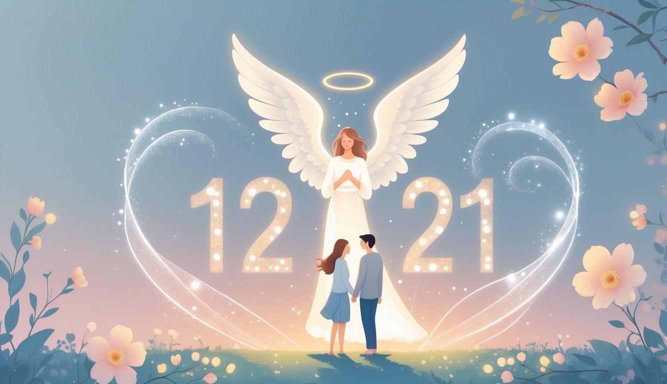 An angel hovering above a couple holding hands surrounded by glowing light and natural elements symbolizing harmony and connection.