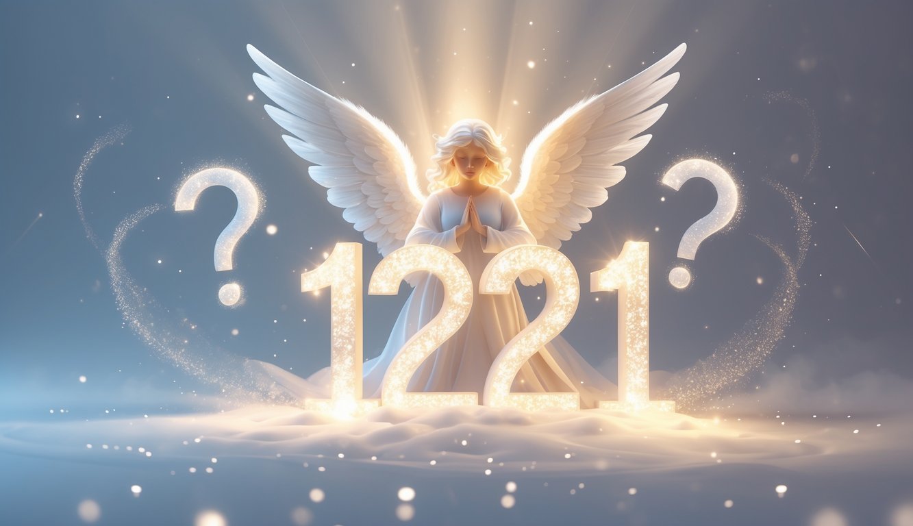 A glowing angel with radiant wings surrounding the numbers 1221, with soft question marks floating around, set against a calm blue and white background.