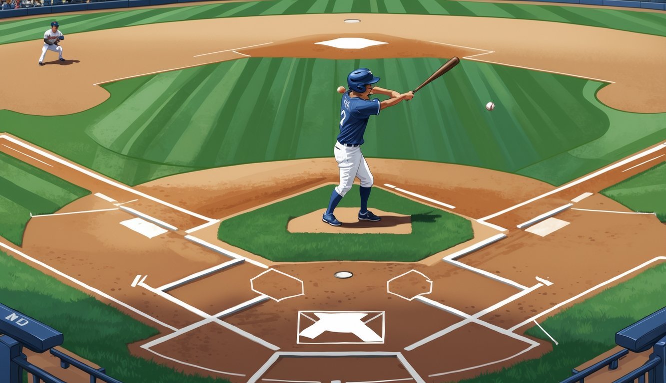 A baseball batter standing inside the batter's box preparing to swing, with the catcher, umpire, and pitcher visible on a baseball field.