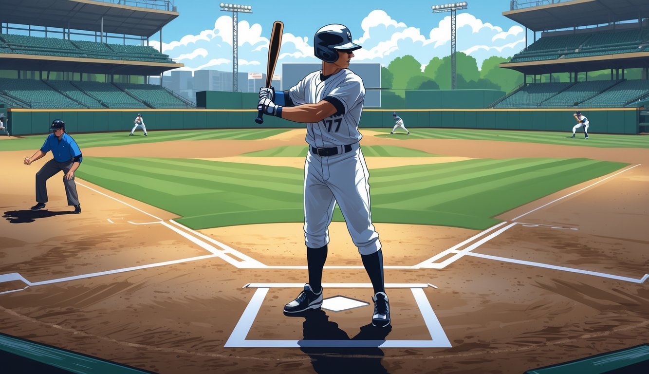 A baseball player standing ready to bat inside the batter's box on a baseball field with a pitcher and umpire in position.