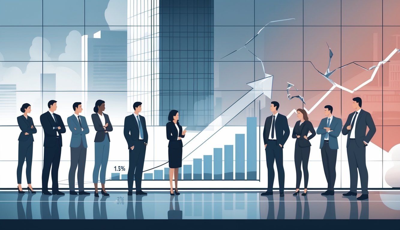 A group of business professionals in an office with a financial graph showing a decline, symbolizing economic loss related to sexual harassment and #MeToo scandals.
