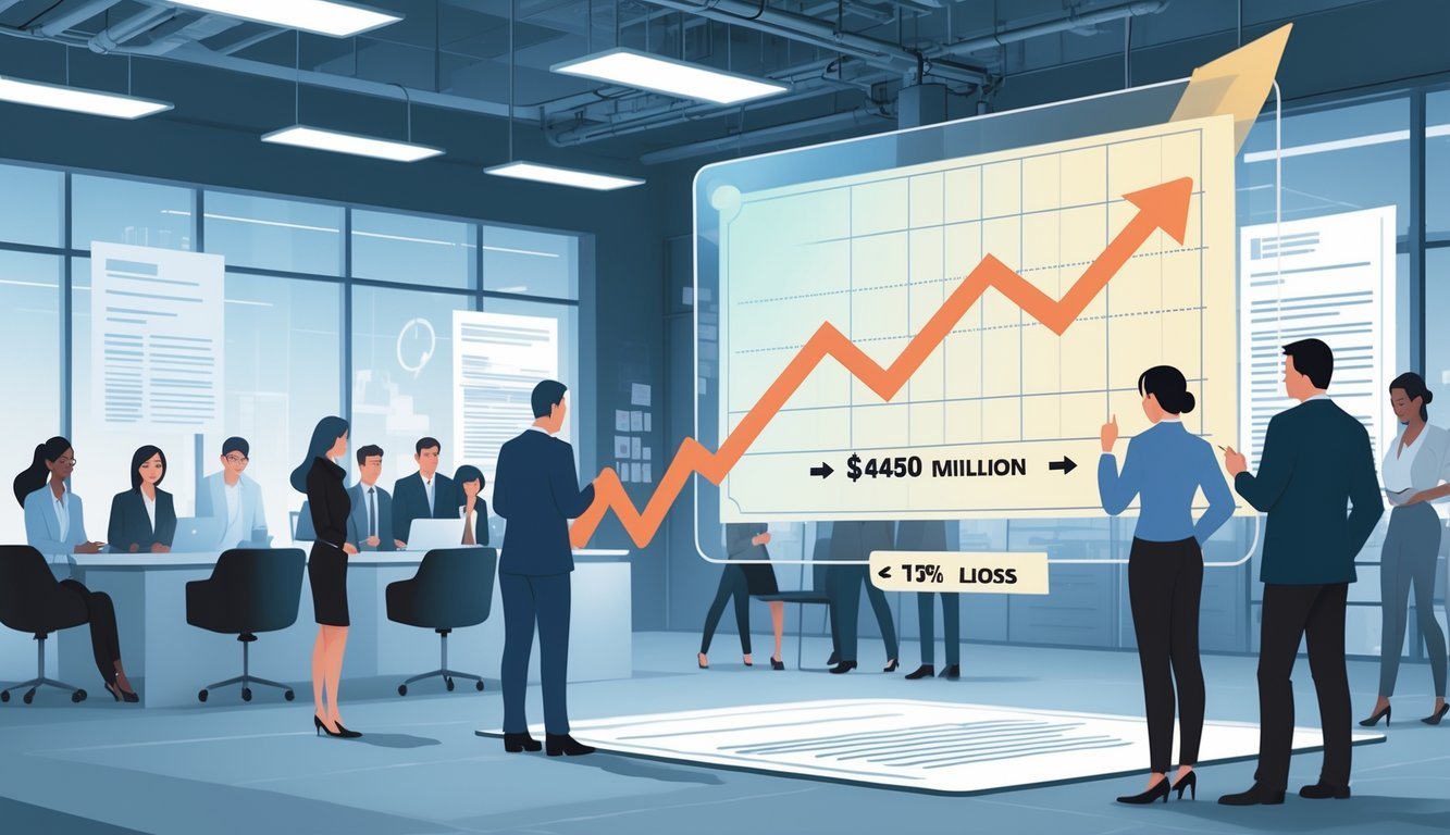 A corporate office scene showing concerned employees discussing a financial chart displaying a significant loss, symbolizing the economic impact of a workplace scandal.