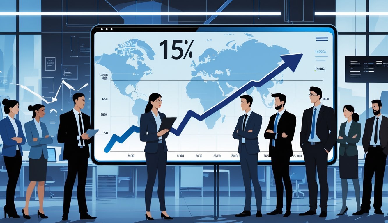 A group of business professionals in an office looking concerned as a large digital screen shows a declining financial graph representing a significant loss in company value.