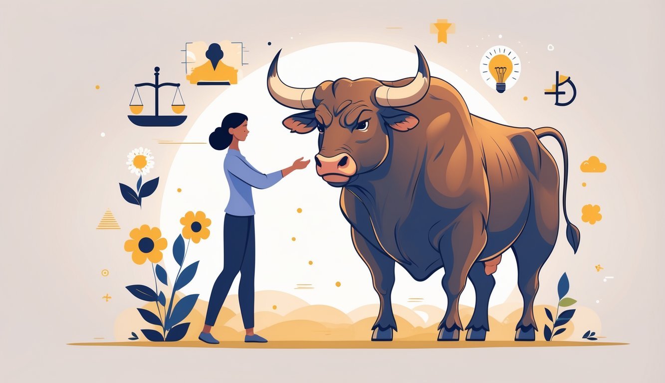 A person calmly interacting with a strong bull surrounded by five symbols representing fairness, patience, cooperation, insight, and resilience.