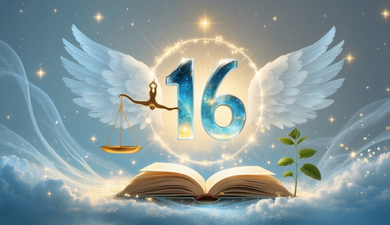 A glowing number 146 surrounded by swirling light and symbols including a scale with a plant and star, an open book, and a protective angel figure in a celestial setting.