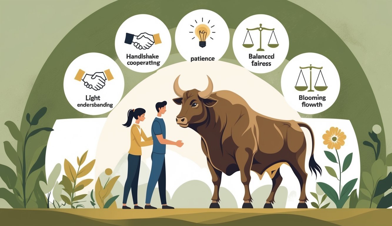 A person calmly interacting with a strong bull surrounded by five icons representing cooperation, understanding, patience, fairness, and growth.