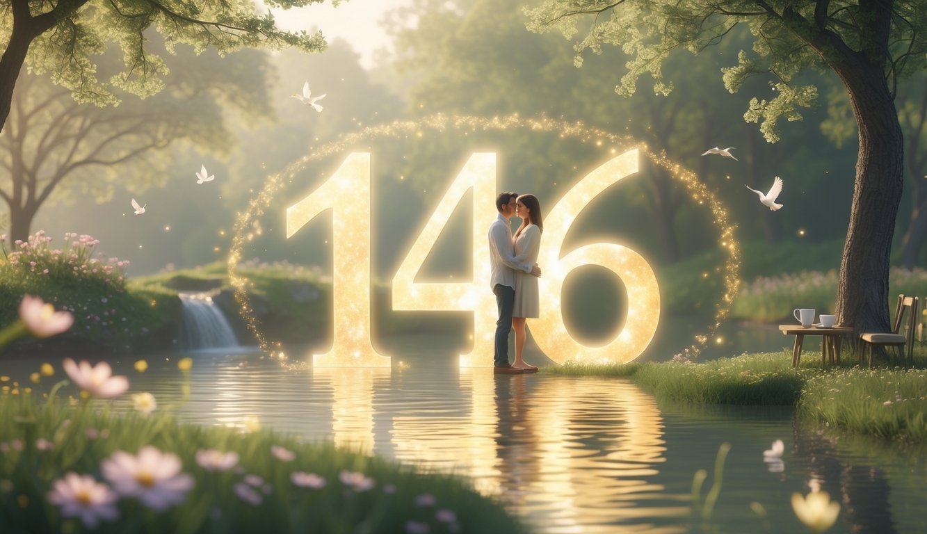 A loving couple holding hands in a peaceful natural setting with soft morning light, surrounded by blooming flowers and gentle birds, with the glowing number 146 subtly integrated into the scene.