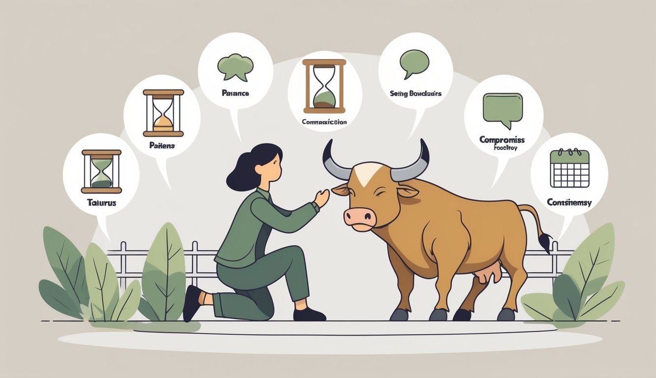 A person calmly interacting with a determined bull surrounded by five icons representing patience, communication, boundaries, compromise, and consistency.