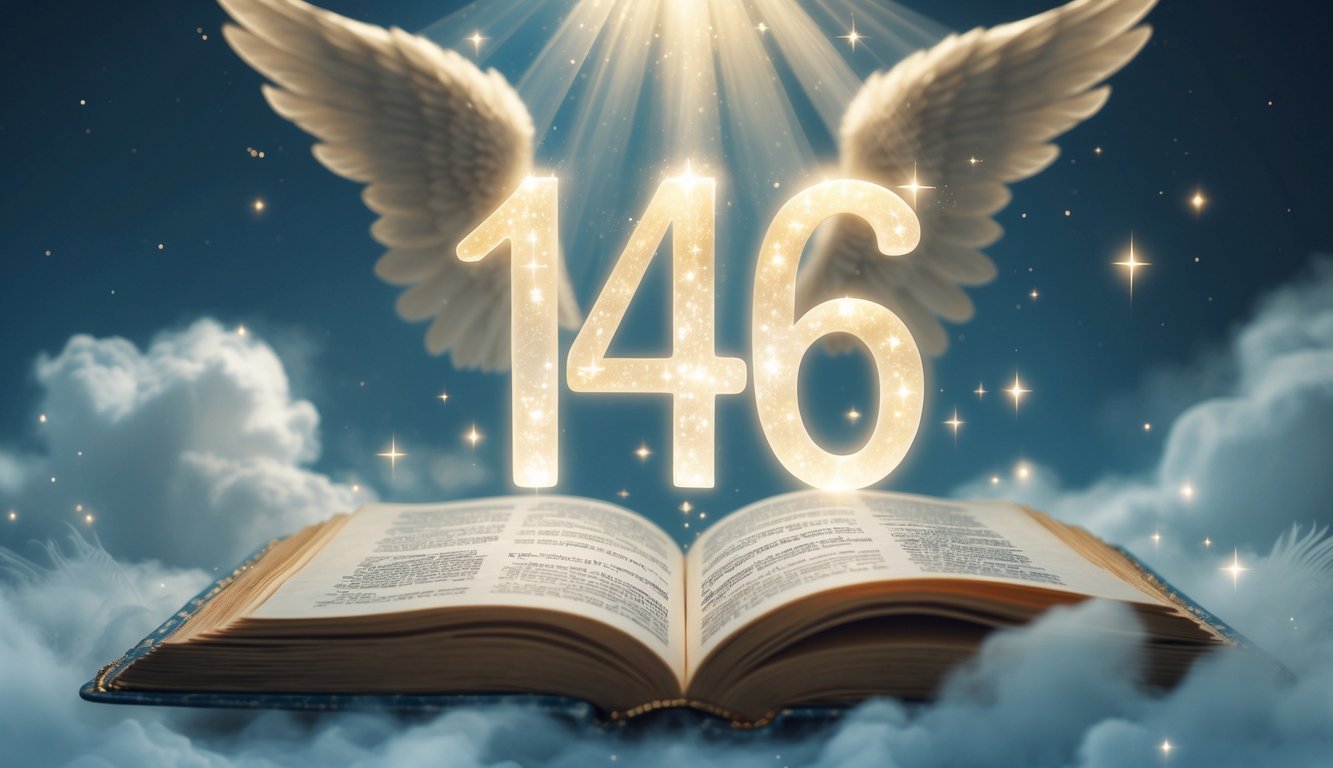 A glowing number 146 floating above an open ancient book surrounded by soft light and angel wings in a misty, calm environment.