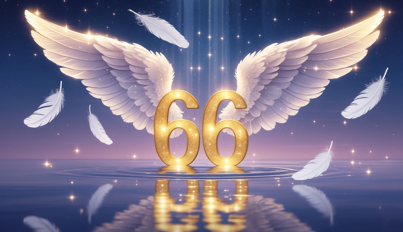 A glowing number 6666 floating above calm water with angelic wings and soft feathers in a peaceful twilight sky.